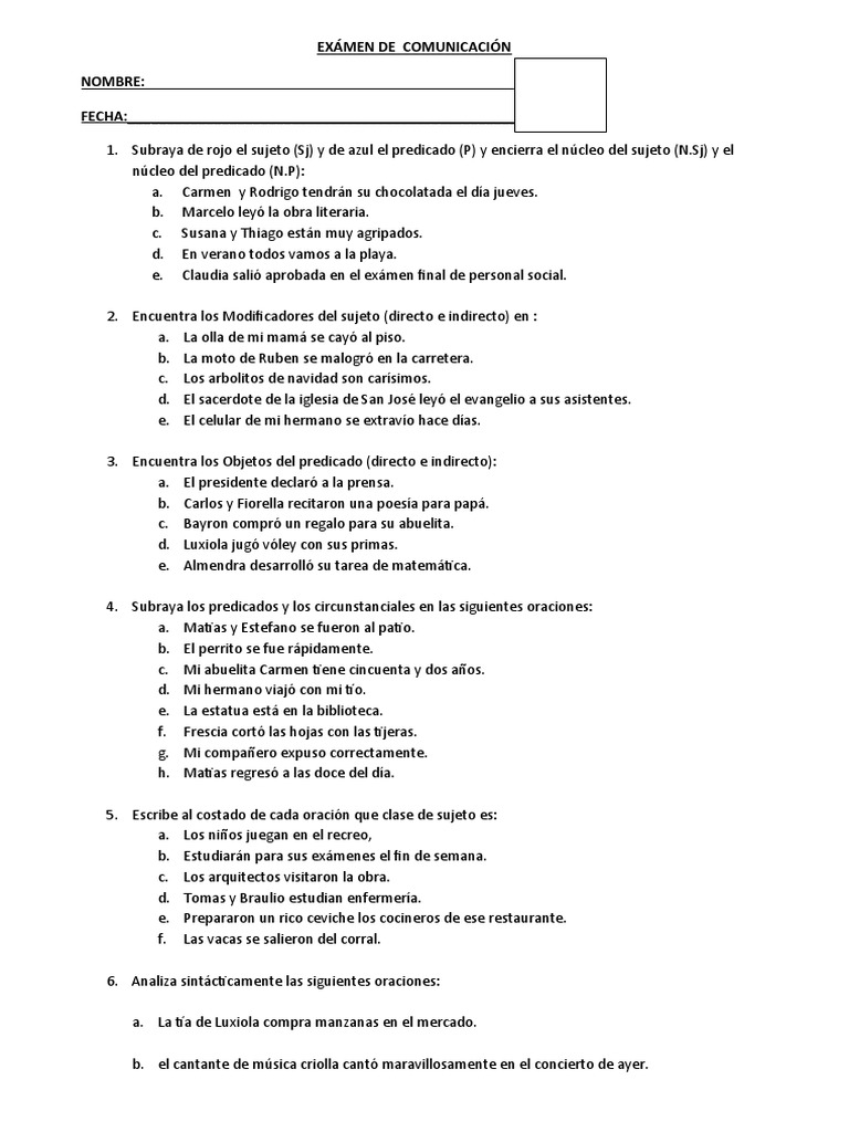Examen de Comunicación Quinto Grado | PDF