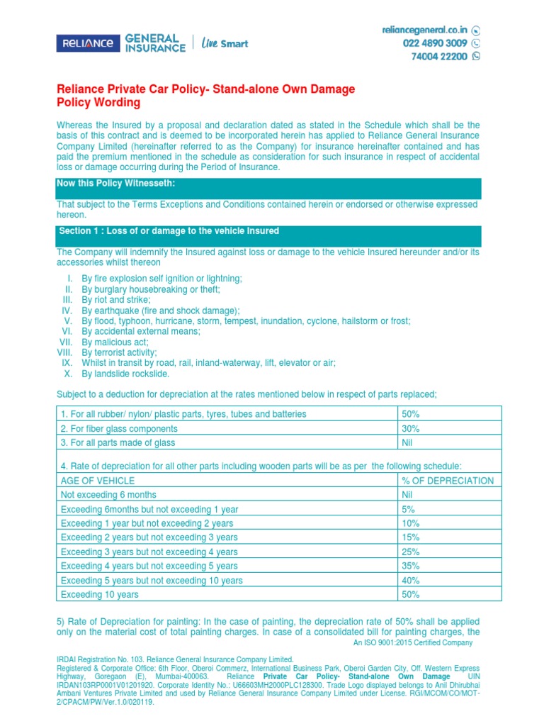 Reliance Private Car PolicyOwn Damage Policy Wording PDF Insurance