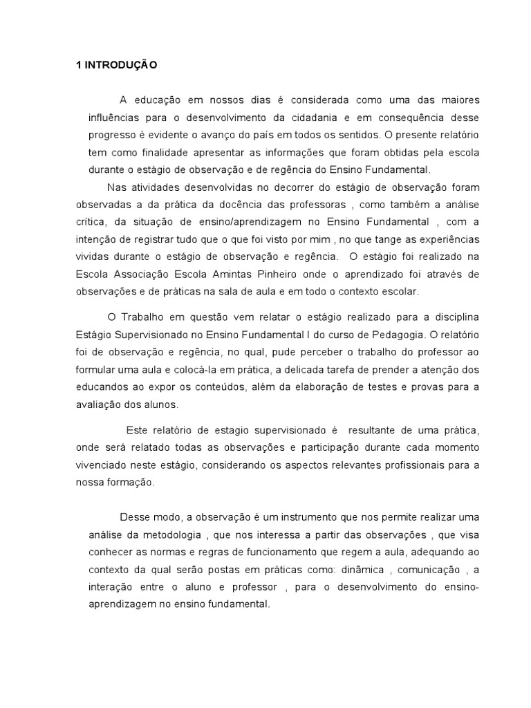 Relatório de Estágio de Observação e Regência no Ensino Fundamental I ...