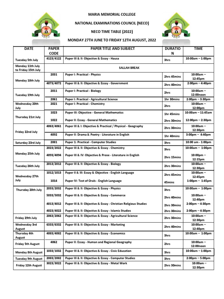Neco Time Table PDF