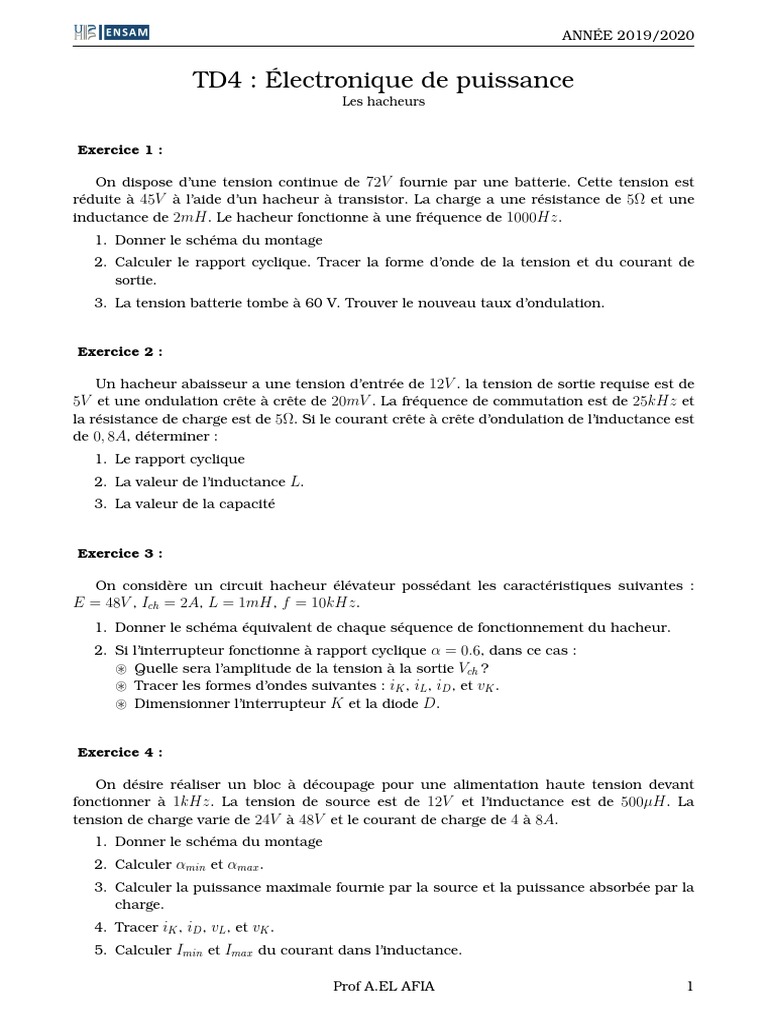 Hacheurs : Exercices d'électronique de puissance | PDF | Tension ...