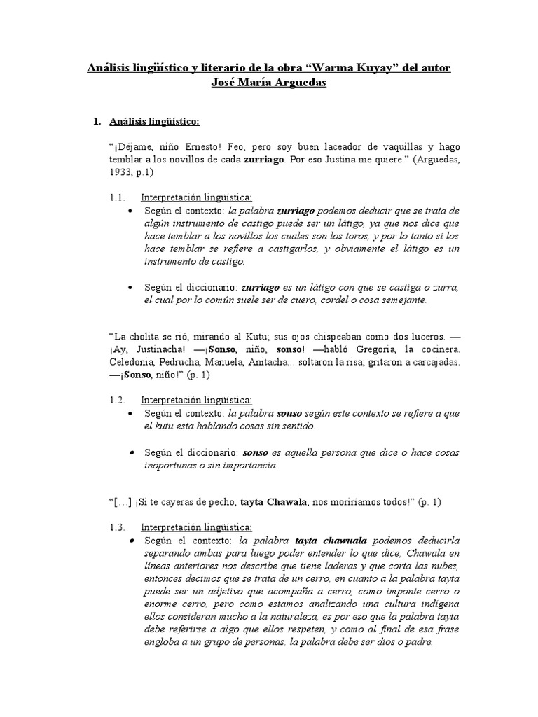 Análisis Lingüístico y Literario de La Obra Warma Kuyay. | PDF