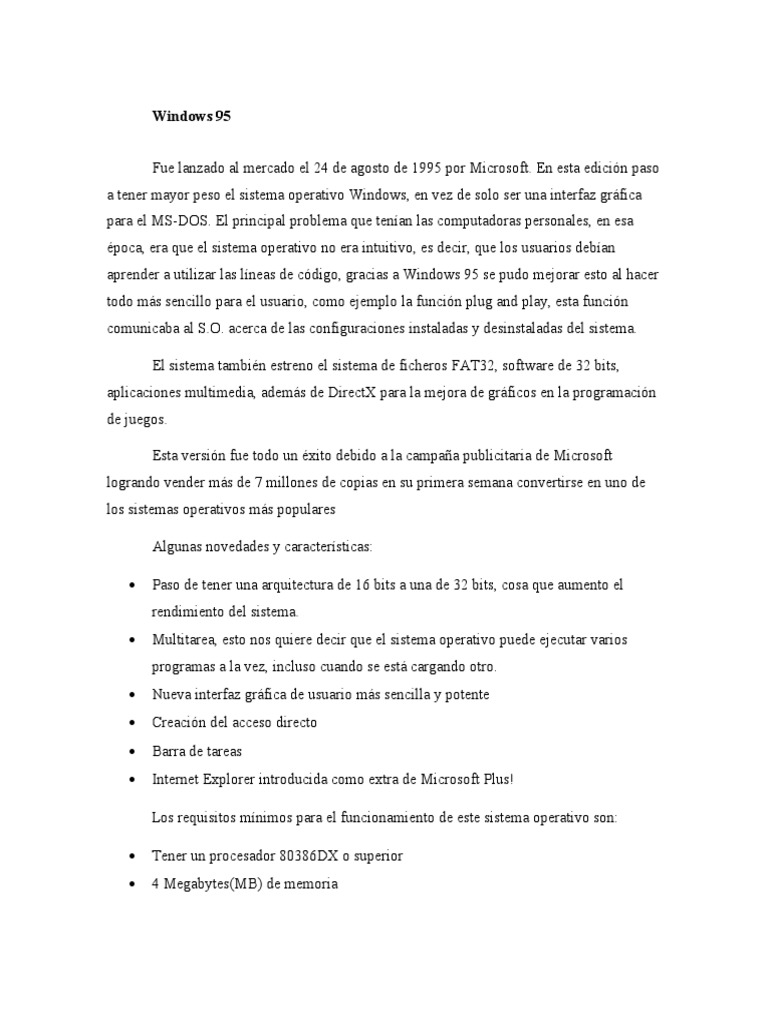 Características y requisitos de Windows 95 | PDF | Microsoft Windows ...