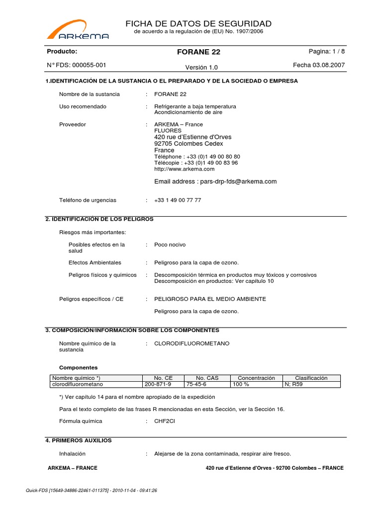 MSDS Gas Refrigerante R-22 | PDF | Hidrógeno | Agua