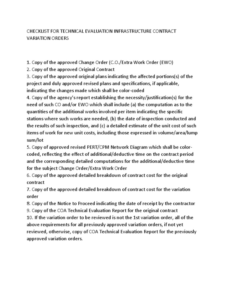 Checklist For Technical Evaluation Infrastructure Contract Variation ...