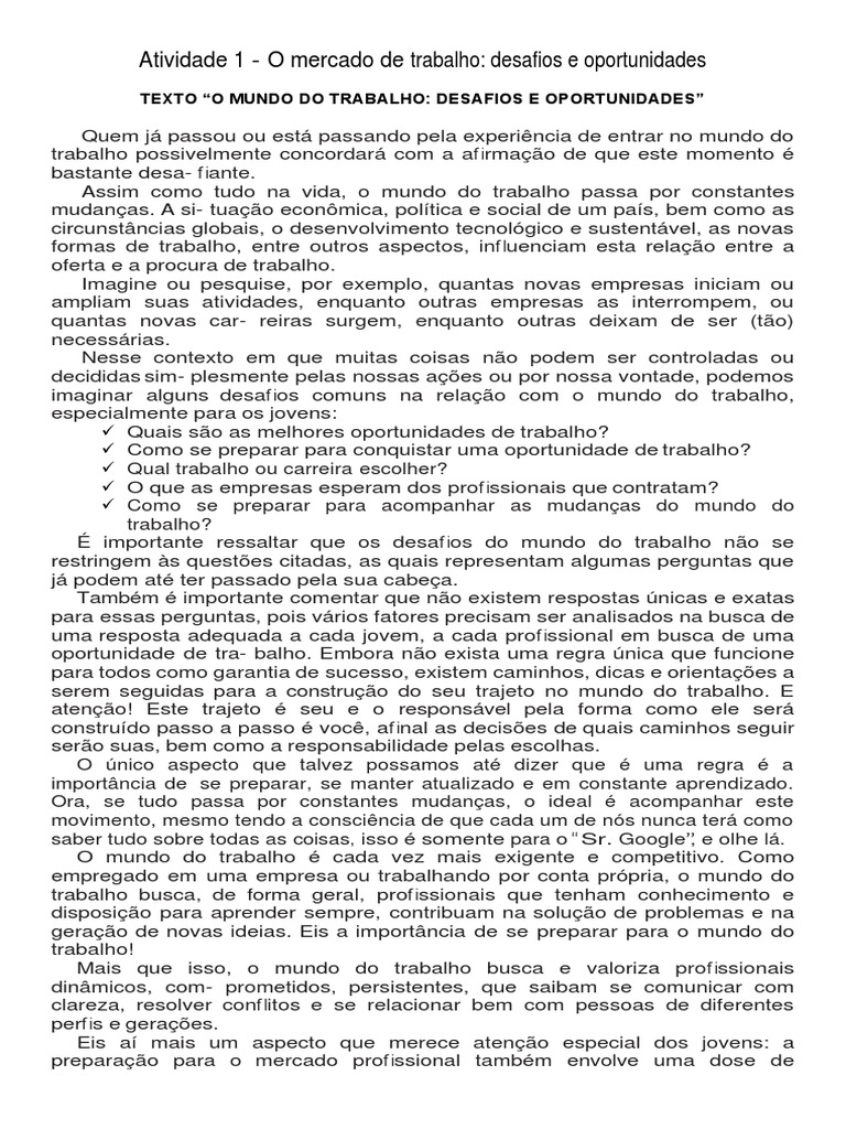 Atividade 1 - TEXTO O MUNDO DO TRABALHO-DESAFIOS E OPORTUNIDAS | PDF ...