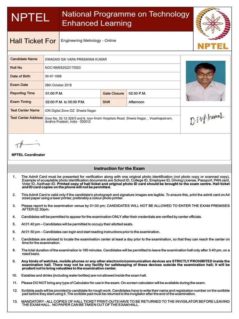 Nptel Admit Card PDF