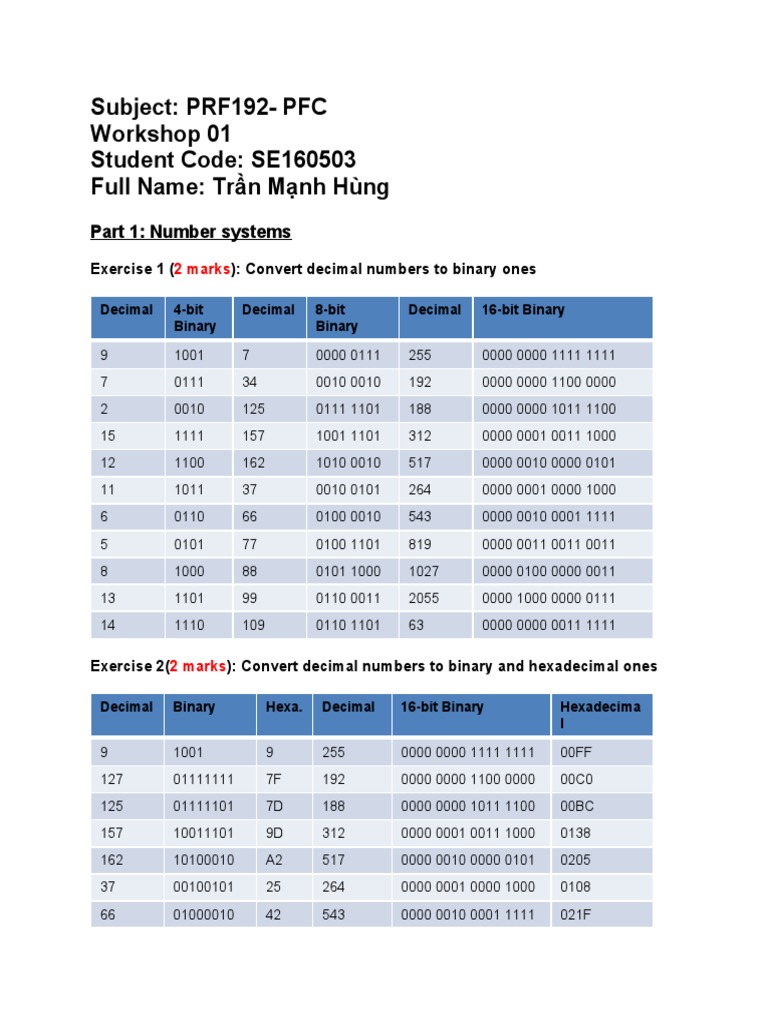 Binary and Hexadecimal Conversion Exercises | PDF | Computing ...