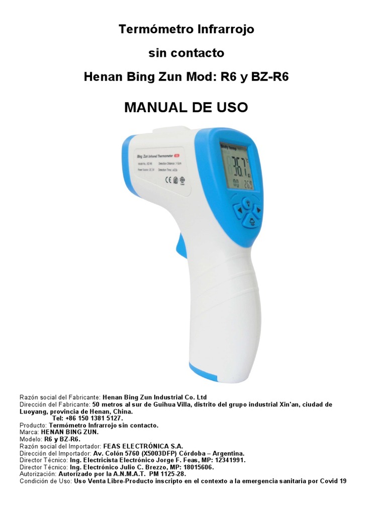 Manual de Uso Termómetro Infrarrojo Henan Bing Zun BZR6 PDF Infrarrojo Temperatura