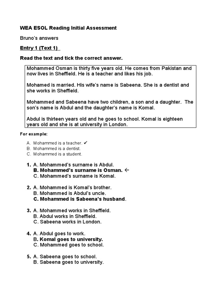 esol_reading_initial_assessment_task PDF English Language Cardiovascular Diseases
