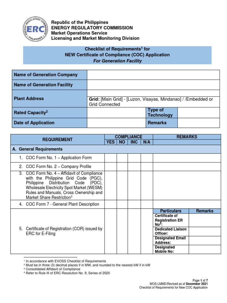 ERC COC Application Requirements Checklist | PDF | Electrical Grid | U ...