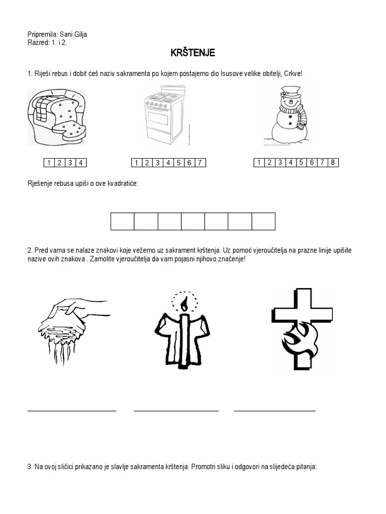 Krstenje Radni List Za 1 2 Razred Osnovne Skole | PDF