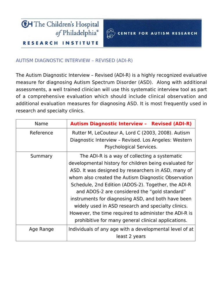 Autism Diagnostic Interview Revised (ADIR) PDF Autism Spectrum Cognitive Science