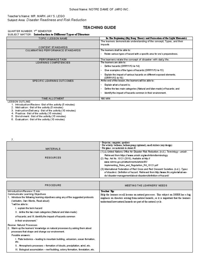 Drrr Teaching Guide Pdf Hazards Risk