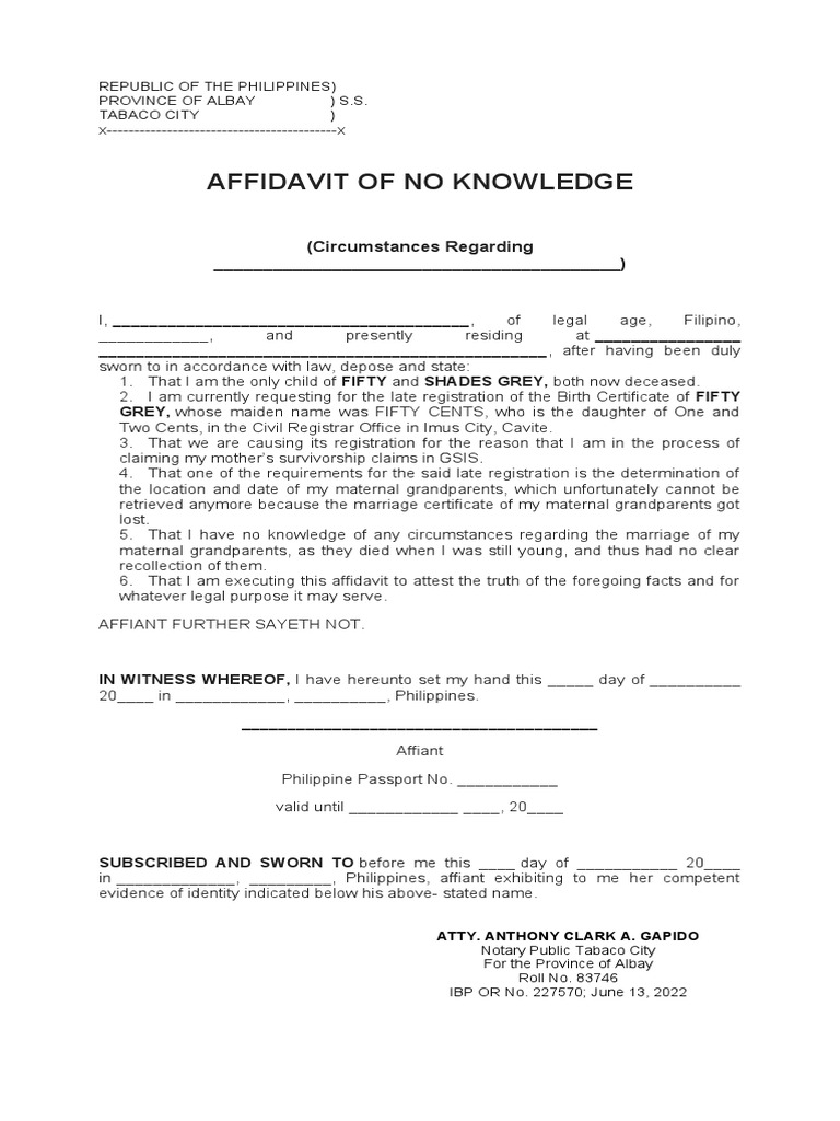 Affidavit of No Knowledge for Birth Registration | PDF | Affidavit ...