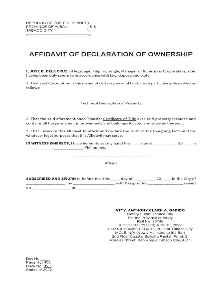 Affidavit of Declaration of Ownership PDF