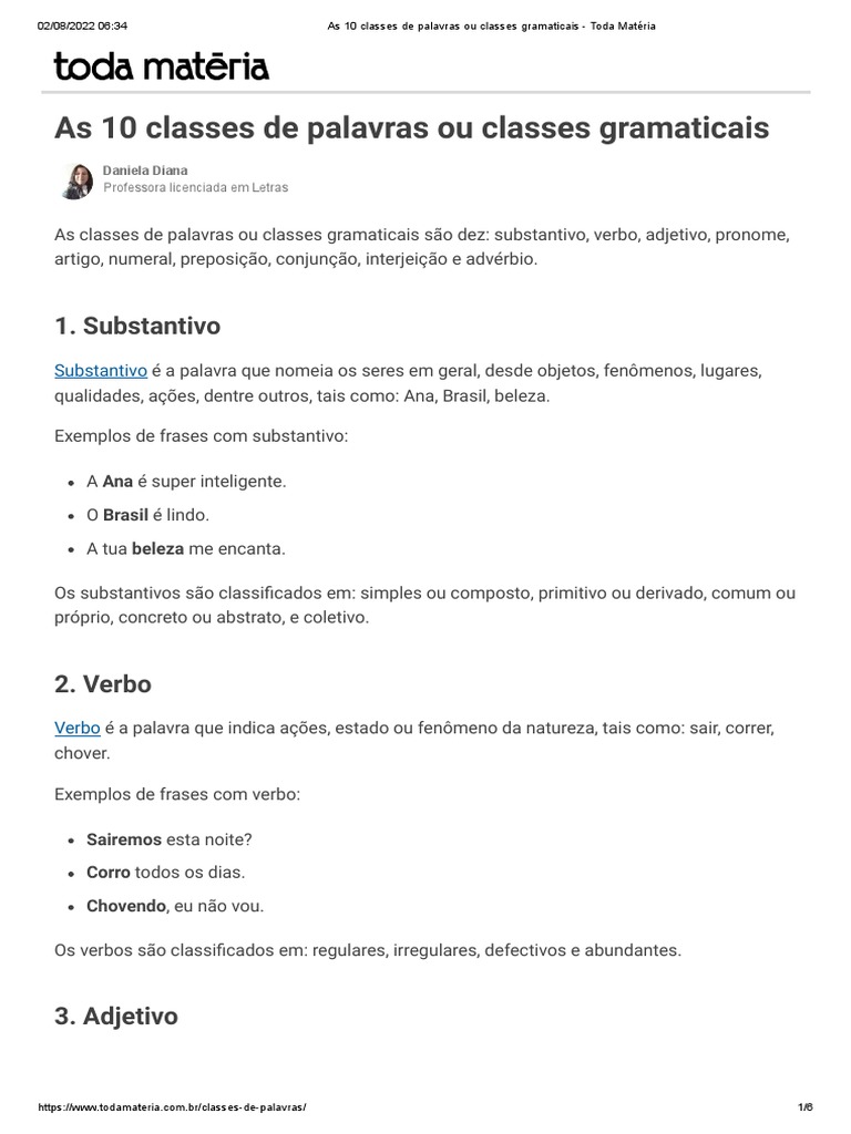 As 10 Classes de Palavras Ou Classes Gramaticais | PDF | Pronome | Palavra