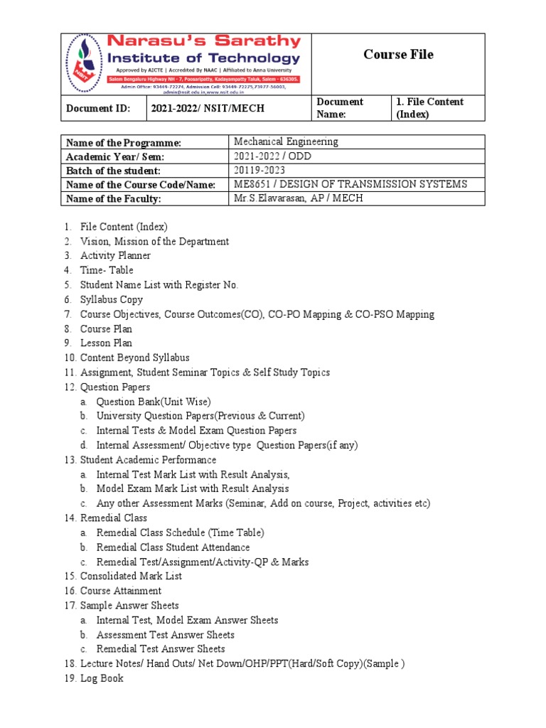 DTS Course File PDF Gear Belt (Mechanical)