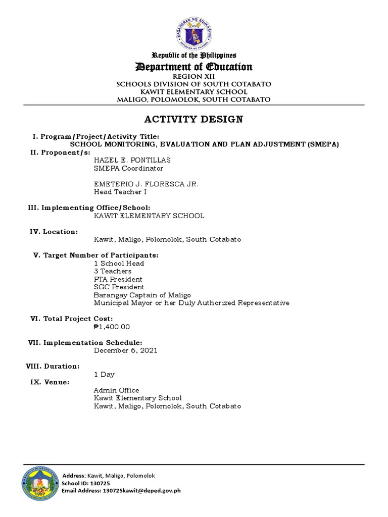 Kawit Es Smepa Activity Design | PDF | Monitoring And Evaluation