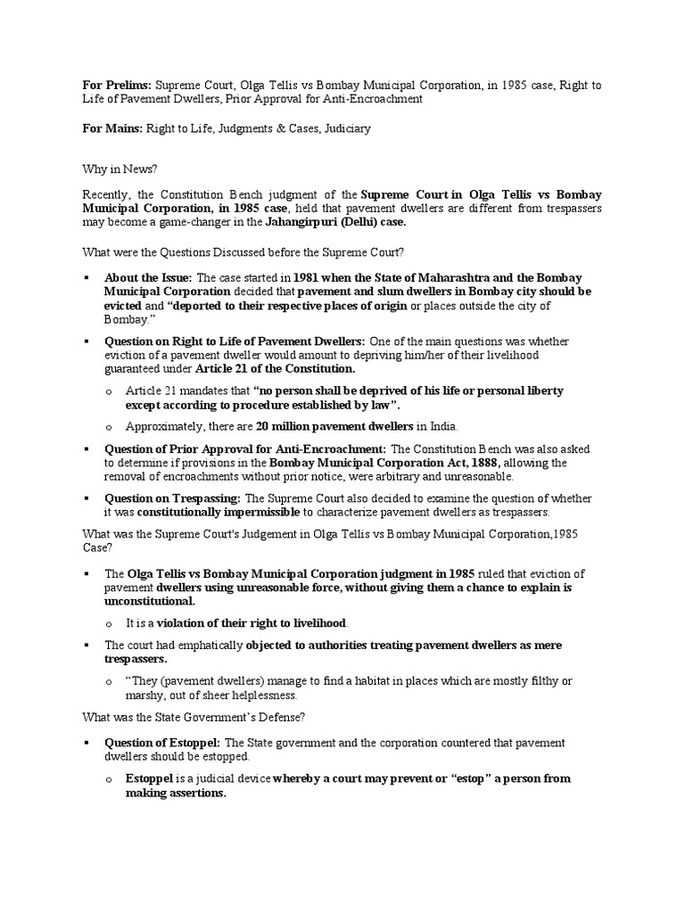 Olga Tellis Case PDF Supreme Court Of India Estoppel