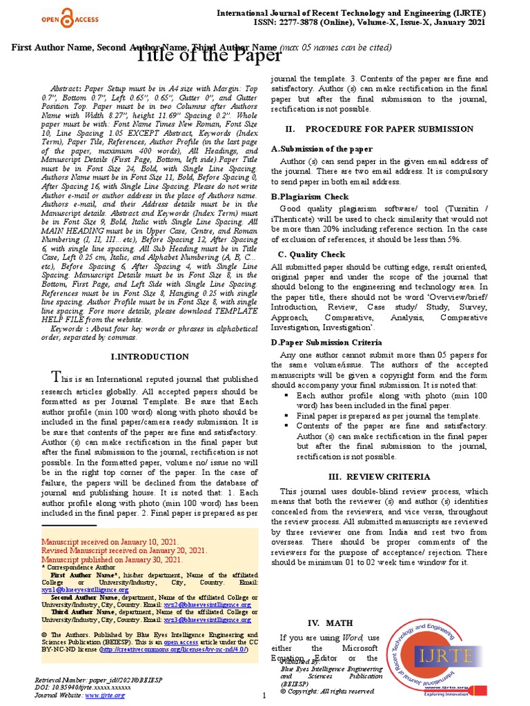 IJRTE Paper Template | PDF | Note (Typography) | Bracket