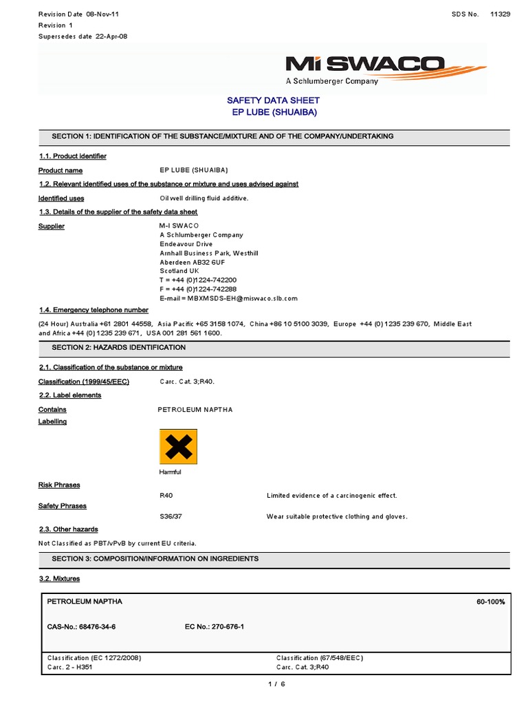 Safety Data Sheet Ep Lube (Shuaiba) Harmful PDF Dangerous Goods