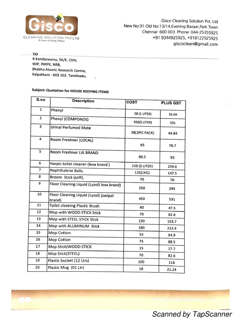 Housekeeping Material Quotation PDF