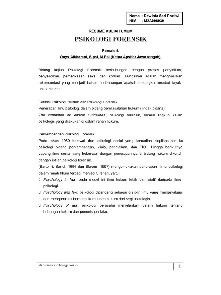 Resume Kuliah Umum Psi Forensik