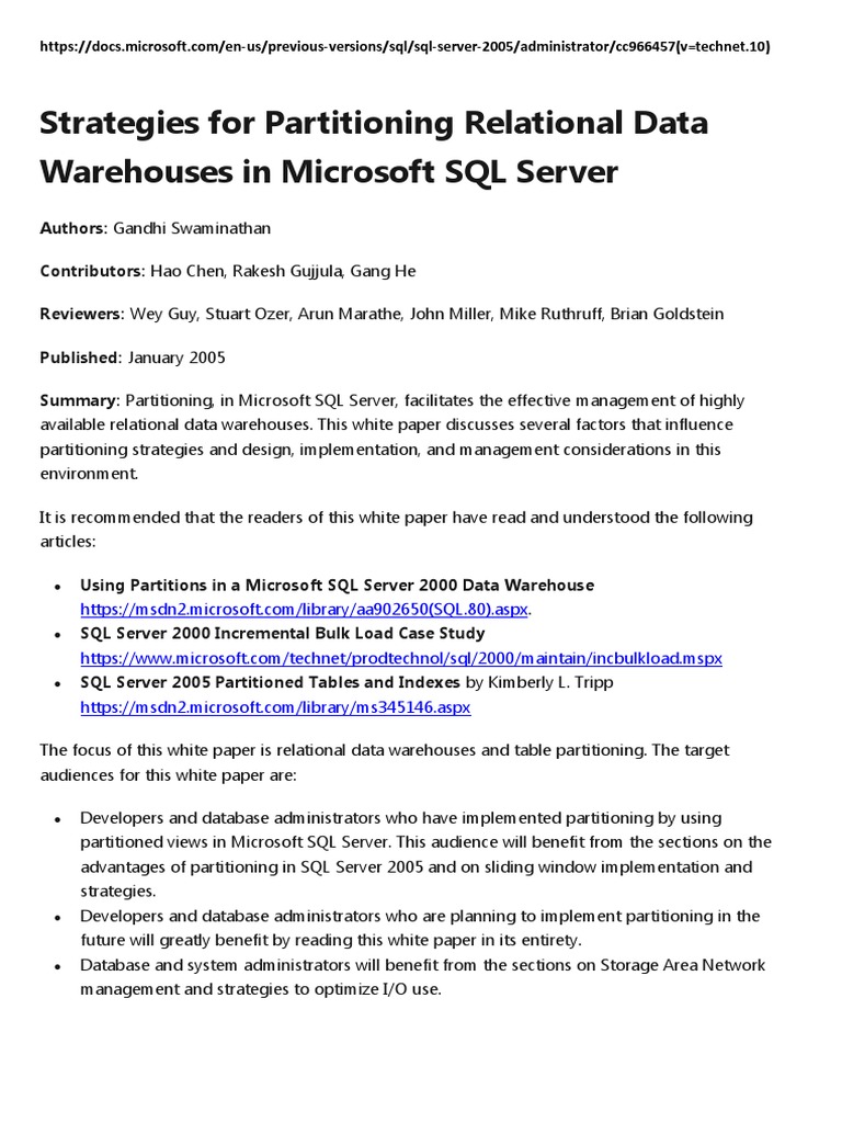 Microsoft Strategies For Partitioning Relational Data Warehouses in