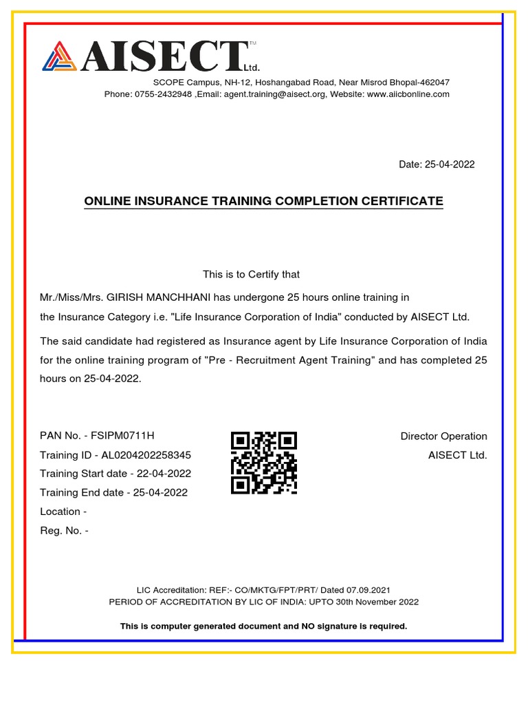 Training Completion Certificate Irda26672109