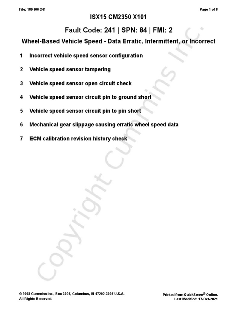 Fault Code 241 SPN 84 FMI 2 ISX15 CM2350 X101 PDF