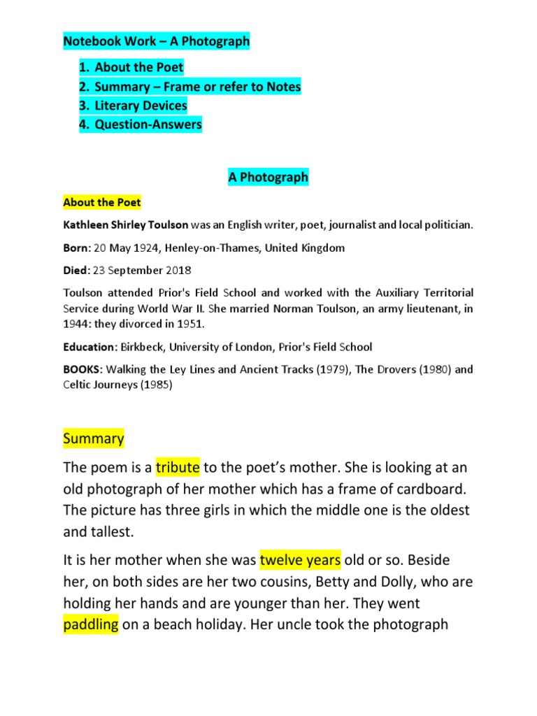 A Photograph: Summary and Analysis | PDF | Laughter | Adjective