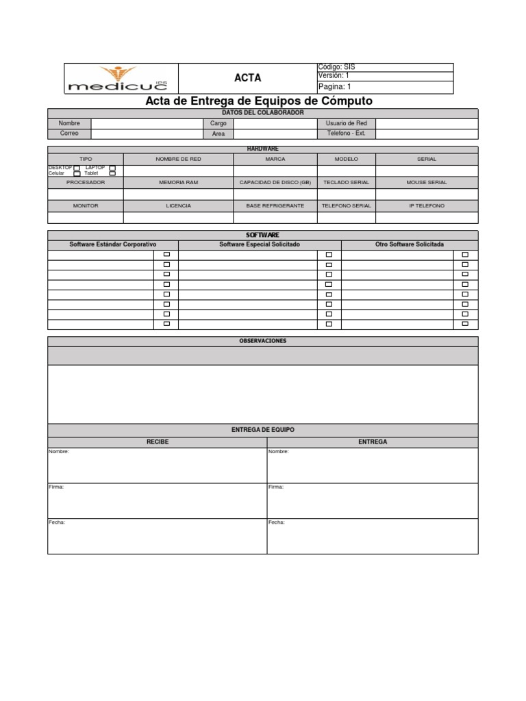 Acta de Entrega de Equipos de Cómputo | PDF