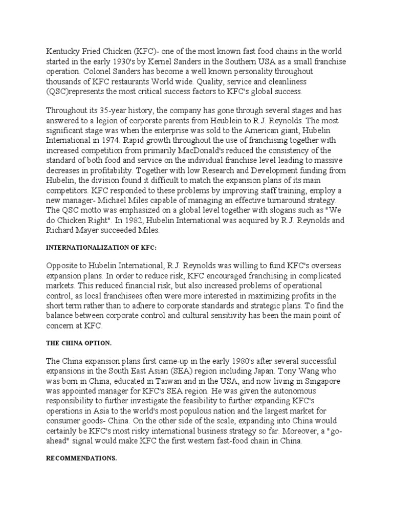 KFC's Global Expansion Strategies | PDF | Joint Venture | Franchising
