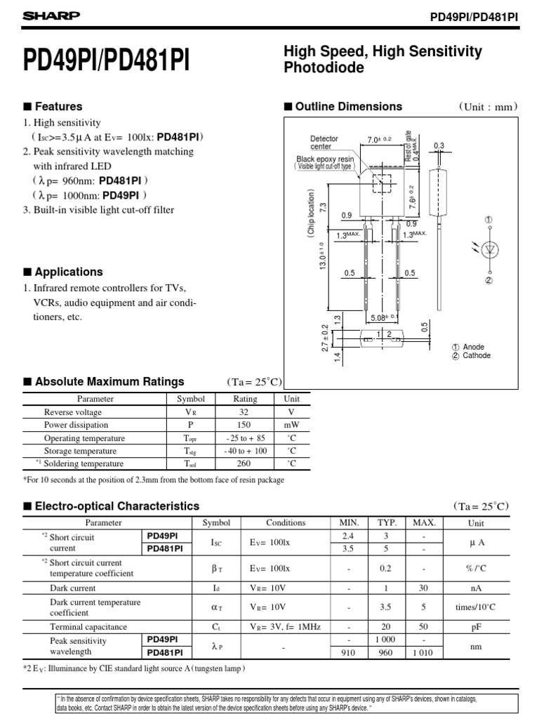 PD49PI/PD481PI Photodiode High Speed, High Sensitivity PDF