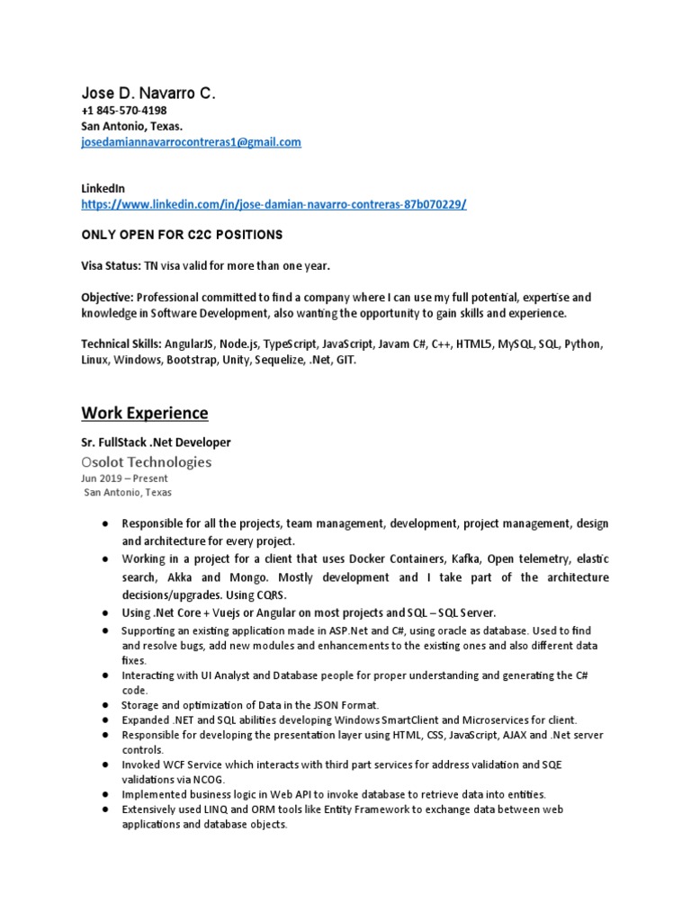C2C Software Developer Profile | PDF | Angular Js | Microsoft Sql Server