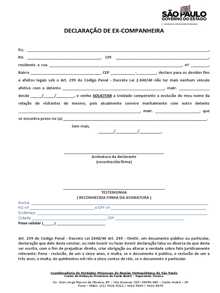 Declarac3a7c3a3o de Ex Companheira 2020 New | PDF | Justiça | Crime e ...