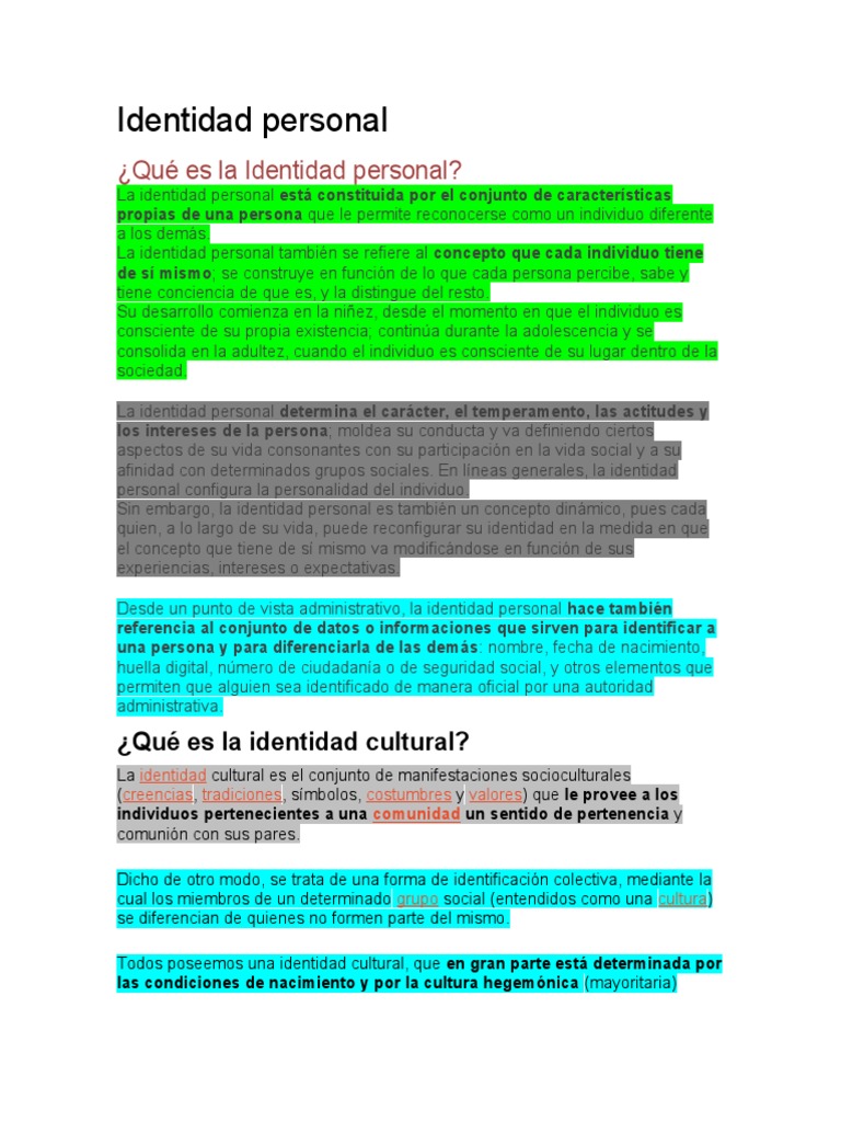 Definición de Identidad Personal y Cultural | PDF | Psicología Social ...
