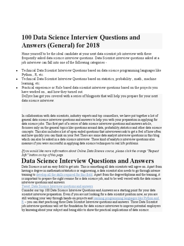 100 Data Science Interview Questions and Answers | PDF | Logistic ...