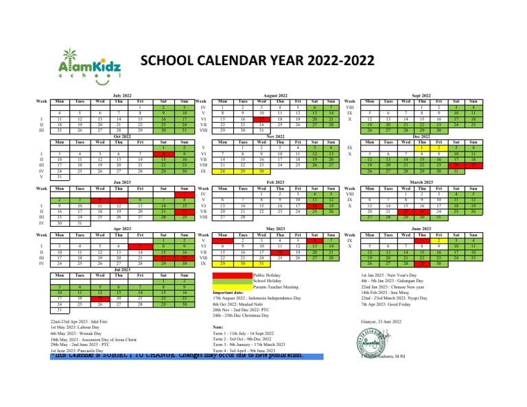 School Calendar Alam Kidz Academic Year 20222023 PDF Observances