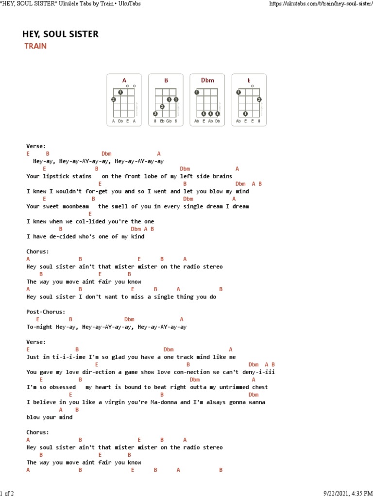 'HEY, SOUL SISTER' Ukulele Tabs by Train UkuTabs PDF