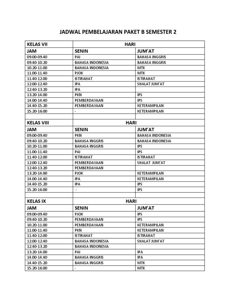 Jadwal Pembelajaran Paket B Dan Paket C Semester 2 | PDF | Seni