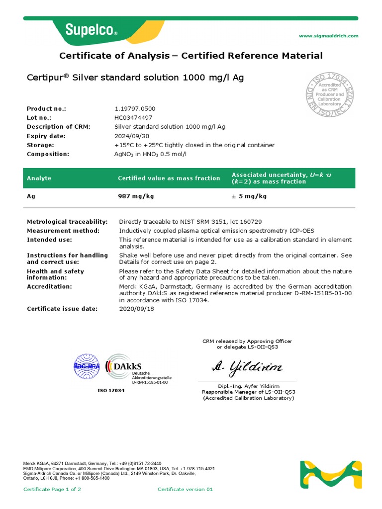 Certificate of Analysis Certified Reference Material Certipur Silver