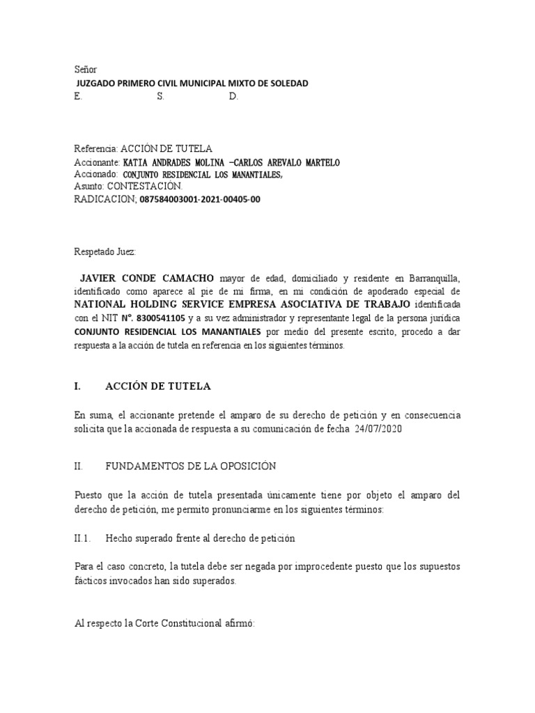 Contestación de Tutela por Hecho Superado | PDF | Derecho ...