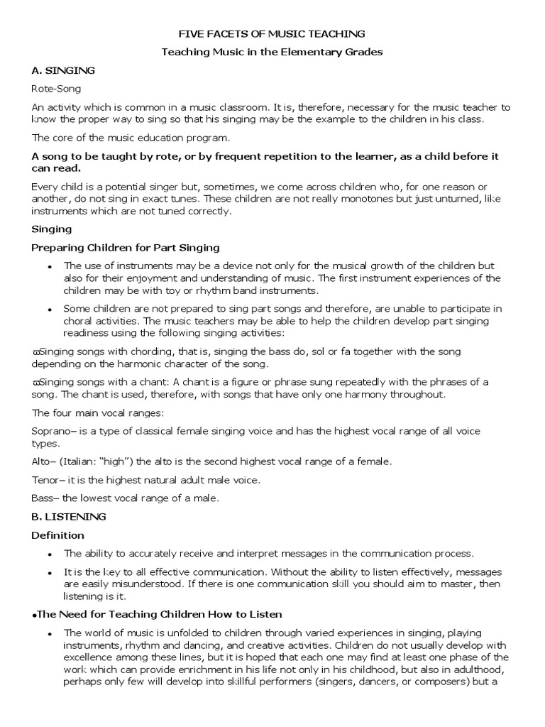 Five Facets of Music Teaching Teaching Music in The Elementary Grades A