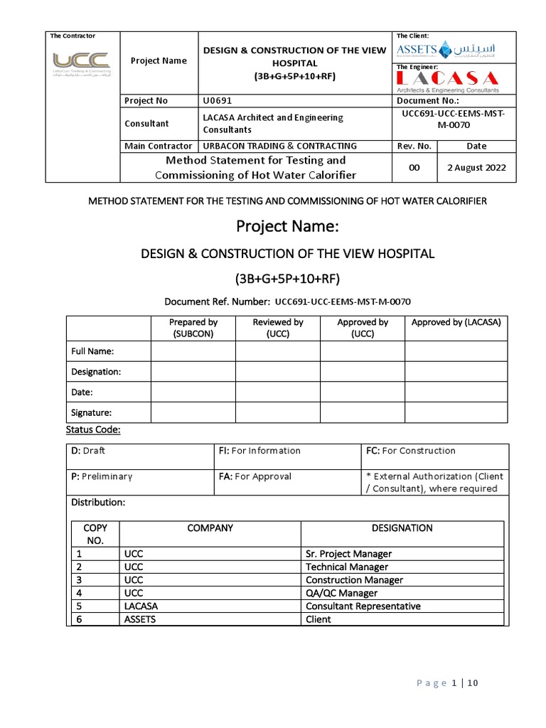 Calorifier Testing Method Statement | PDF | Water Heating | Thermostat