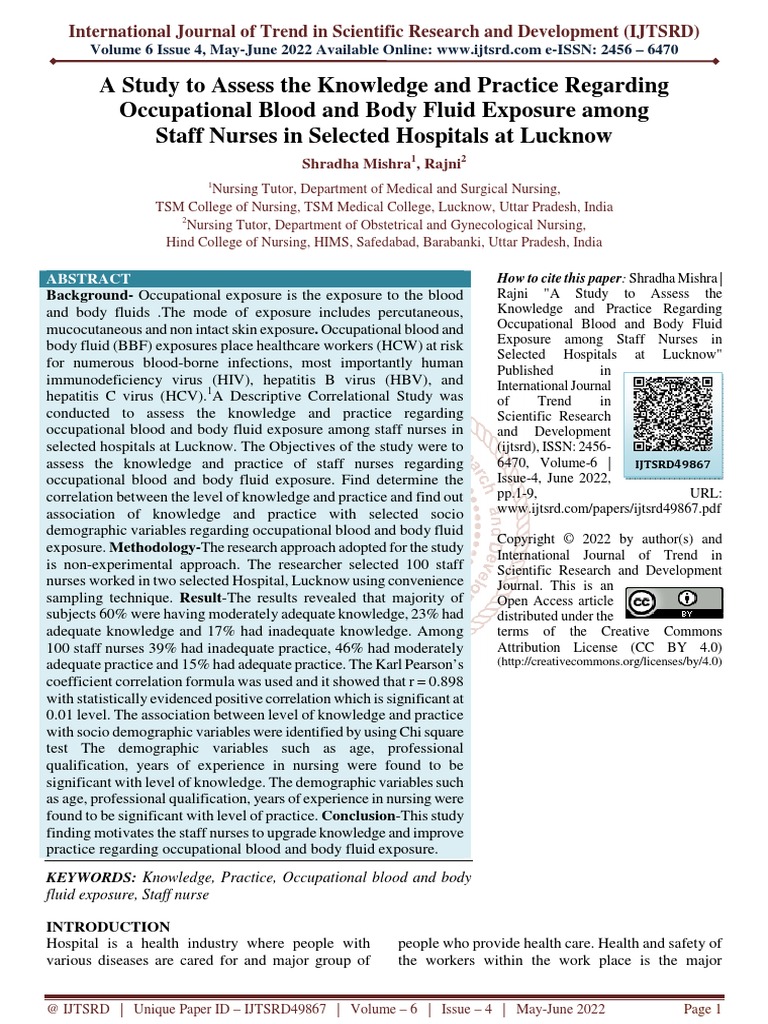 A Study To Assess The Knowledge and Practice Regarding Occupational ...