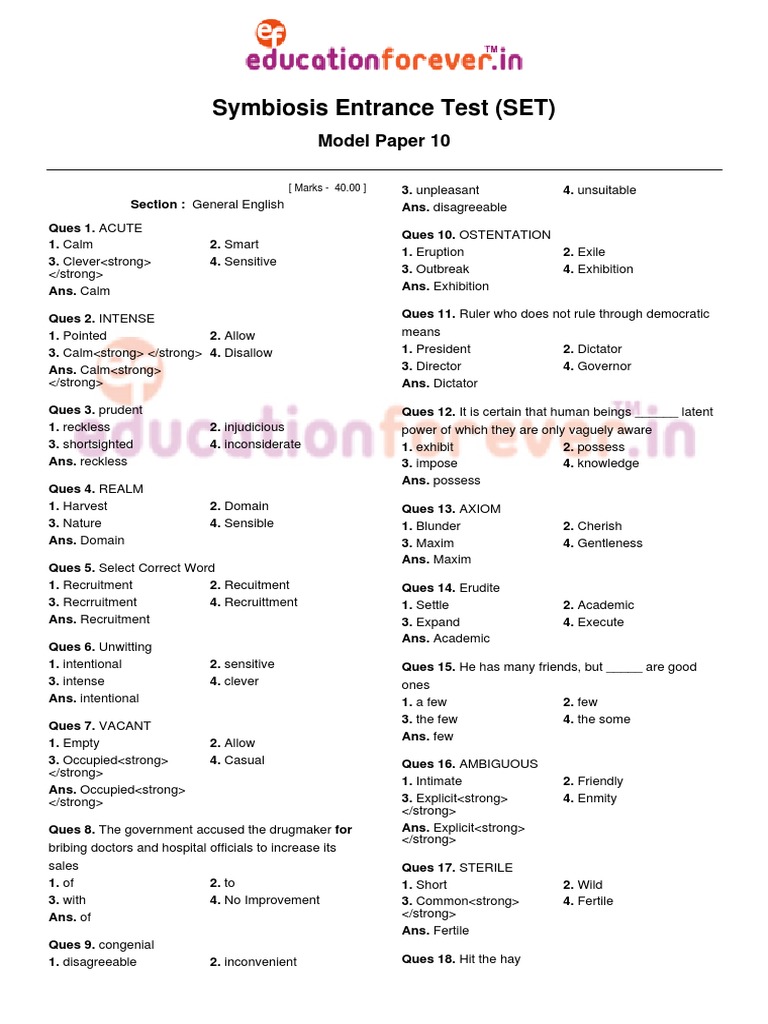 Symbiosis Entrance Test (SET) Model Paper 10 PDF