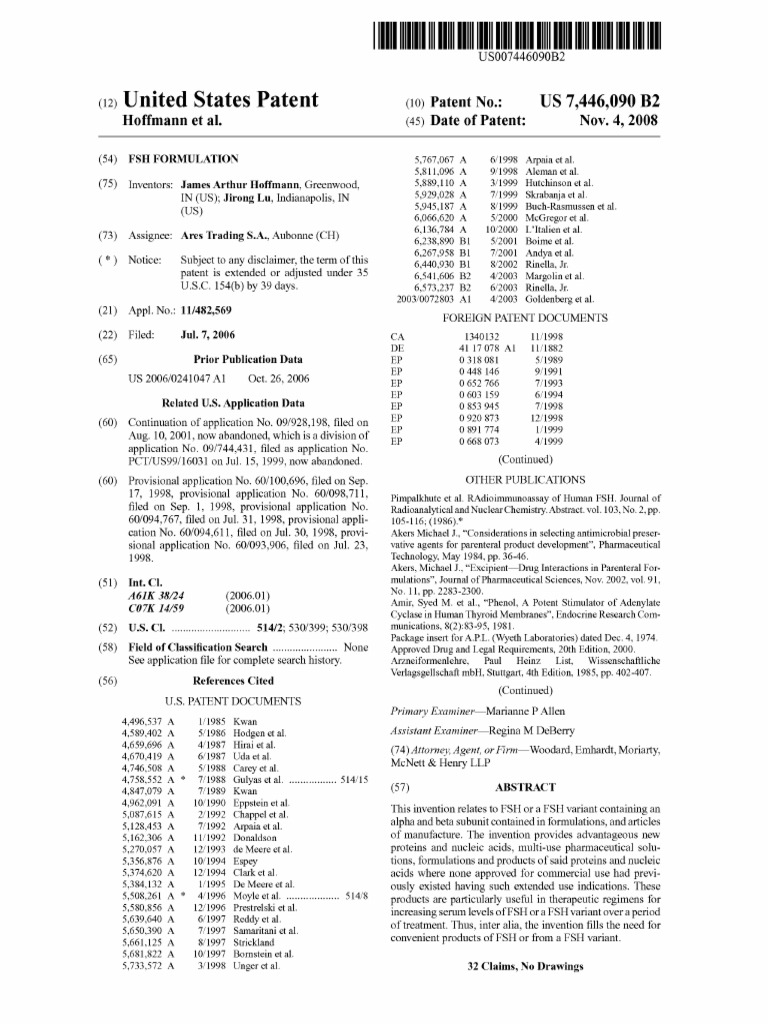FSH Formulation Patent US7446090B2 | PDF | Gonadotropin | Luteinizing ...