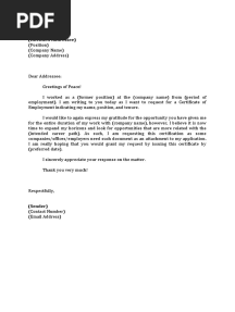 Request Letter For Certificate of Employment